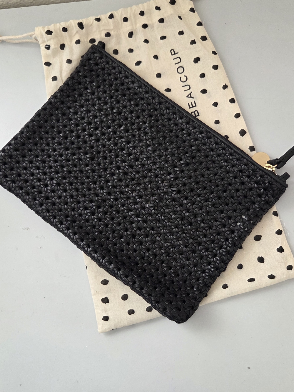 CLARE V. FLAT CLUTCH W/ TABS - BLACK RATTAN